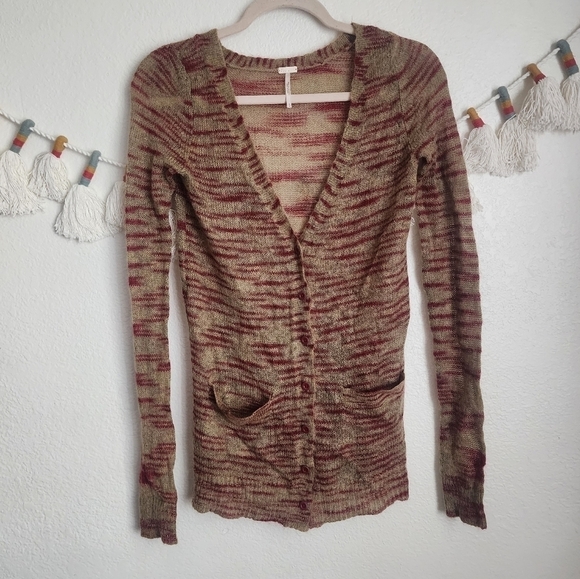 Free People Beach Mohair Blend Knit Tiger Stripe Vneck Button Down Cardigan S - Picture 1 of 9